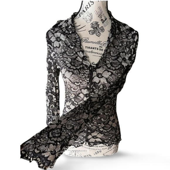 90s Black & Silver Lace Zip Up Y2K Holidays Elegant Blouse - Picture 5 of 7
